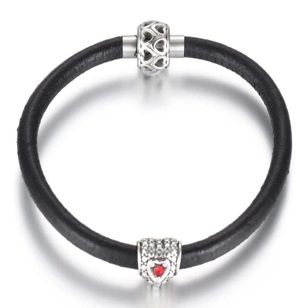 

Women's Leather Bracelet Heart Charms with Red Crystal Stainless Steel Magnet Clasp Bangle Female Accessories Braclets Jewelry