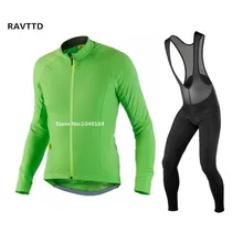 New Green Winter Thermal Fleece Ciclismo jersey y Del Babero conjuntos de Desgaste de La Bicicleta Ropa Moto de Manga Larga Para Hombre Ropa Ciclismo