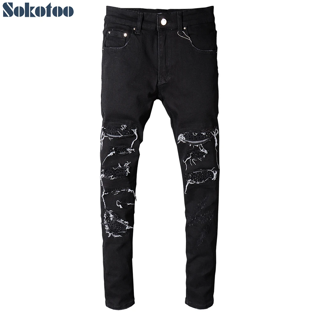 Sokotoo Men's black rivet patch ripped jeans Casual slim patchwork ...