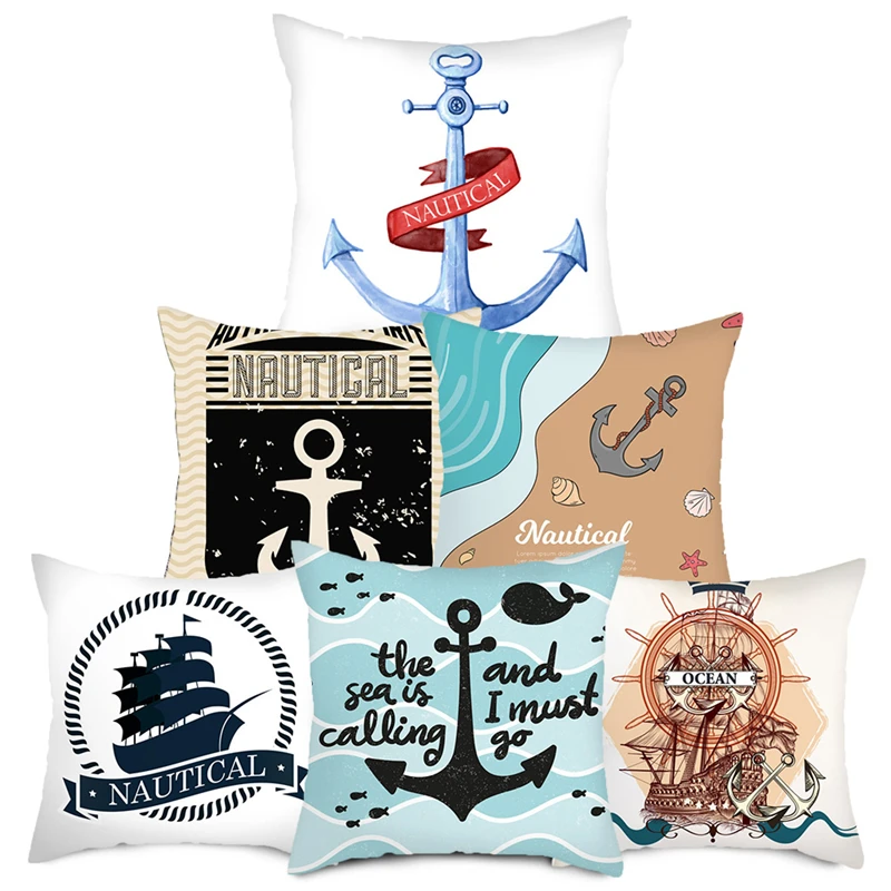 

Fuwatacchi Anchor Throw PillowCase Cushion Cover Sea Blue Printed Pillow Cover for Home Chair Decorative Rudder Pillowcases