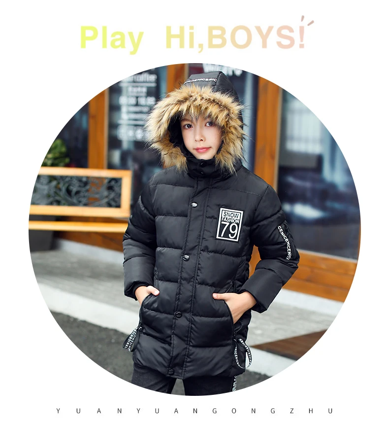 Детский Зимний пуховик для мальчиков, пальто с мехом для подростков г. Новая зимняя теплая одежда для детей Плотная хлопковая верхняя одежда с капюшоном
