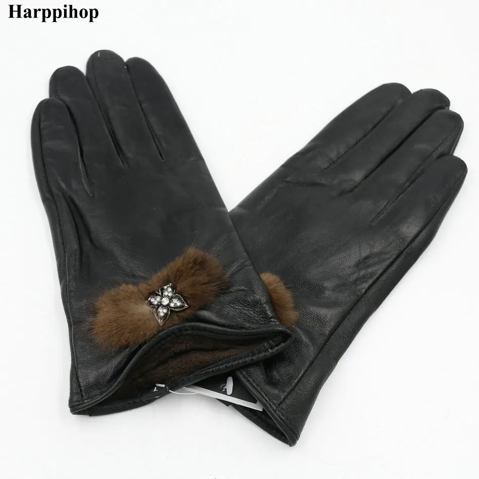 Harppihop зима Пояса из натуральной кожи Прихватки для мангала для Для женщин овчины палец перчатки Новое поступление года модные норки мяч теплые варежки