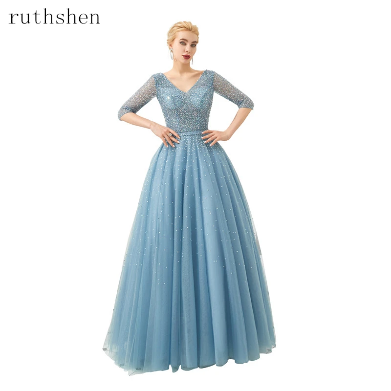 

2019 Vestidos De Gala Largos Appliques Prom Dresses Ball Gown Half Sleeves V-neck Evening Dresses Floor Length Robes De Soiree