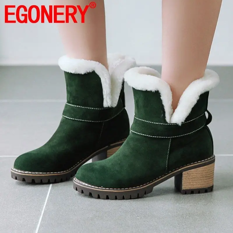 

EGONERY warm snow boots green beige Martin boots outdoor non-slip winter plush boots round toe 5.5cm mid heels women's shoes