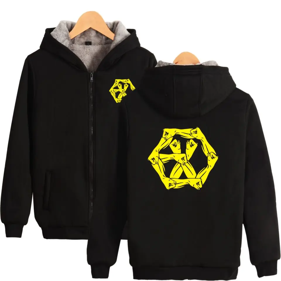 Толстая Толстовка с капюшоном Kpop EXO M K черно-белая толстовка на молнии зимняя