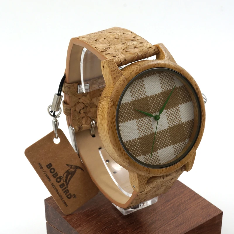 BOBO BIRD V-A28 Check Gingham Dial Round Bamboo Watches Men's Women's Fashion Quartz Wristwatch with Soft Band zegarki damskie