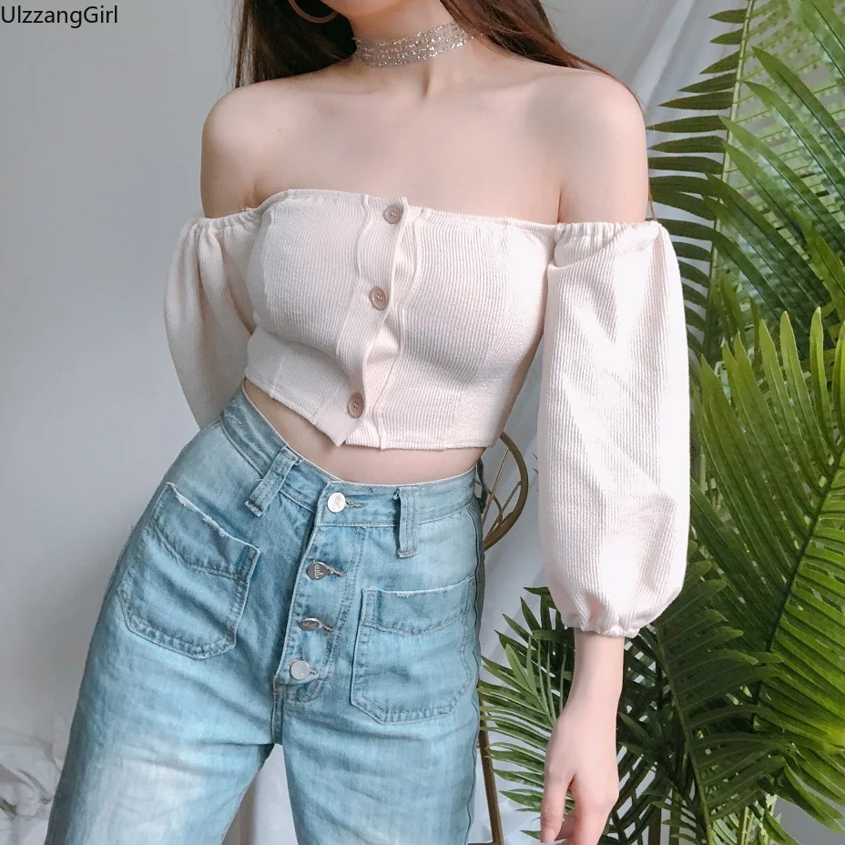 Women Ladies Sexy Knit Single Breasted Button Elegant Long Sleeve Off Shoulder Slash Crop Top Short Tee T Shirt T-Shirt Blusas