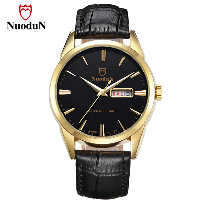 Nuodun New Brand Men Watch Gold Plated Stainless Steel Case Casual Mens Quartz Watch Waterproof Leather Strap Date Clock 1891 Nuodun New Brand Men Watch Gold Plated Stainless Steel Case Casual Mens Quartz Watch Waterproof Leather Strap Date Clock 1891