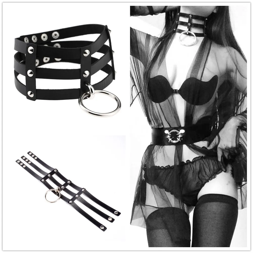 

Black PU Leather Harness Layered Choker Necklace Sexy Jewelry CX472