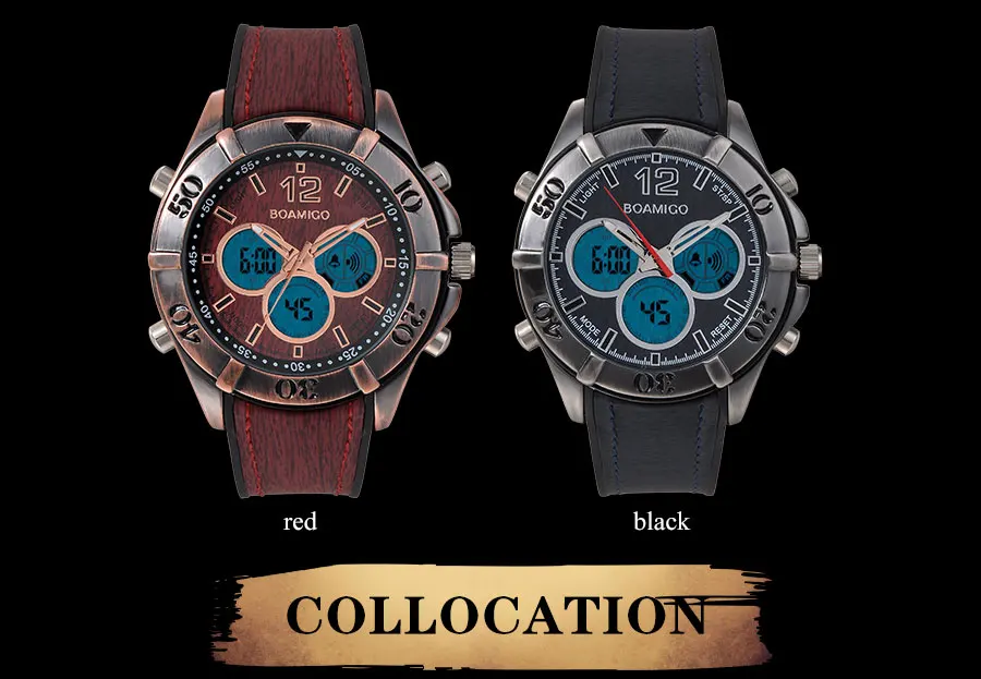 BOAMIGO Brand Vintage Punk Men's Watches Retro Wood Design Analog Digital LED Quartz Watch Waterpfoof 2 Time Zone Wristwatches (9)