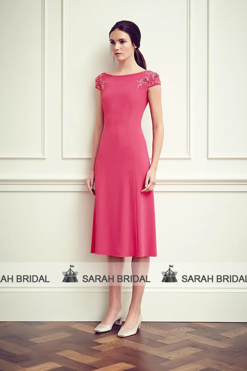Simple Coral Tea Length Evening Dress Beaded Boat Neck Party Dress