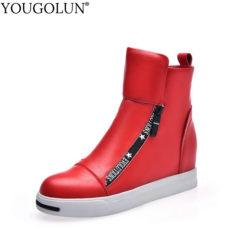 

YOUGOLUN Women Ankle Boots Genuine Leather Autumn Lady Height Increasing Casual Shoes Elegant Woman Red White Wedges Heels #B024