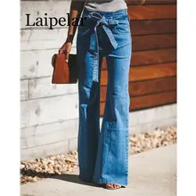 Синие джинсы с завязками на талии, женские облегающие джинсовые брюки, винтажная одежда, весенние брюки с высокой талией, с поясом, эластичные широкие джинсы