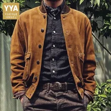 Vintage Cow Suede Jacket Men Genuine Leather Bomber Jackets Stand Collar Single Breasted Solid Pilot Coats Male Fashion Overcoat