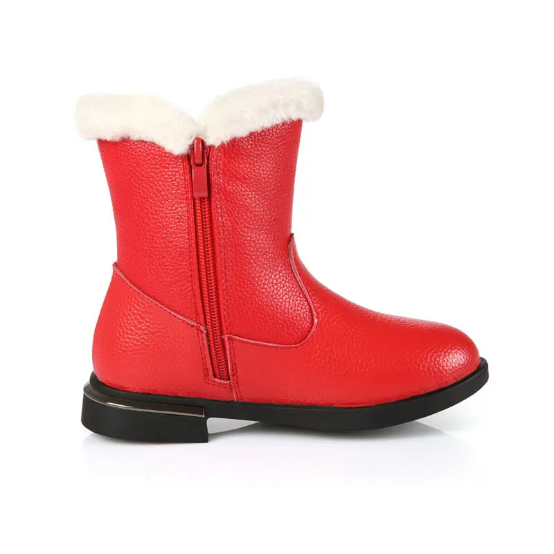 Короткие ботинки принцессы с помпонами для девочек; зимние сапоги из натуральной кожи до середины икры; цвет черный, красный; детская обувь; модельные туфли на плоской подошве;#26-37