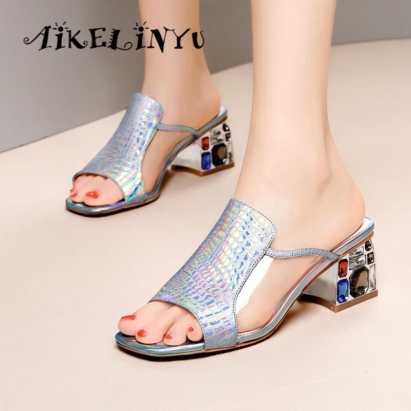 

AIKELINYU 2019 Summer Open Toes Thick Heels Solid Colors External Puncture Slipper Square Heels Pumps Rhinestone Women's Slipper