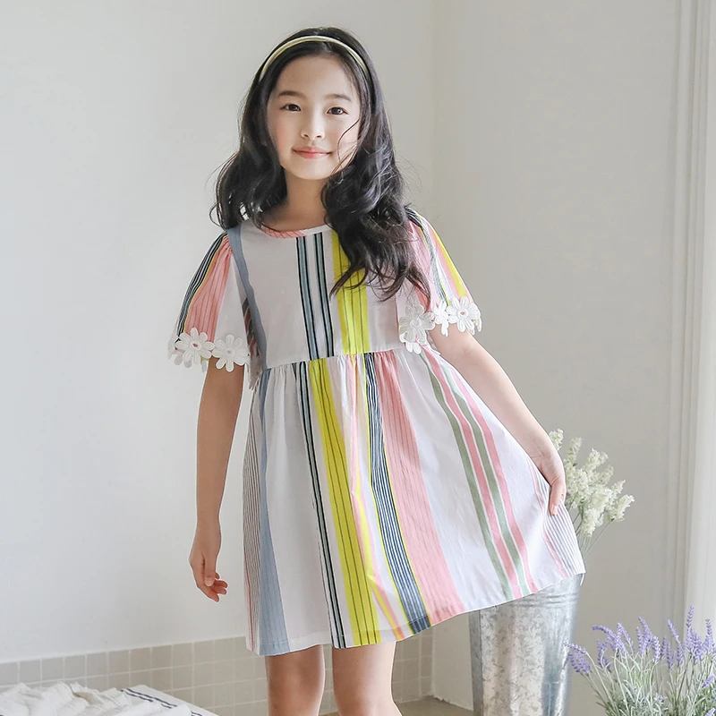 

Summer Girls Dresses Flower Striped Cotton Kids Dresses Cute Girls Clothes Casual Children Outfits Vestidos for 6 8 10 12 Years
