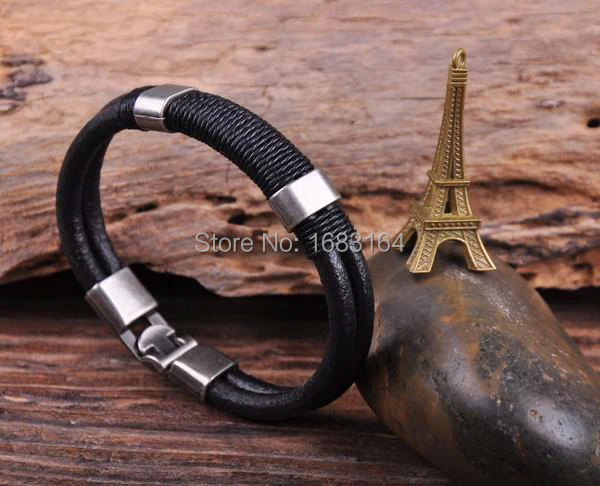 

G33 New Surfer Handmade 4mm Leather Hemp Men's Wristband Bracelet Cuff All Black
