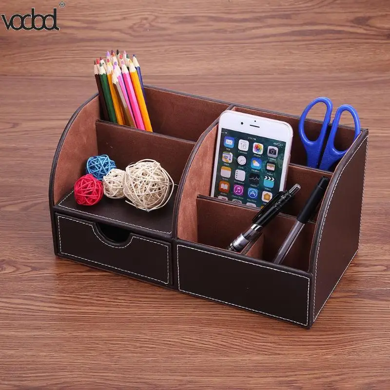 

NEW PU Leather Office Desk Organizer Desktop Card Pencil Pen Holder Stationery Storage Box Container Accessories School Supplies