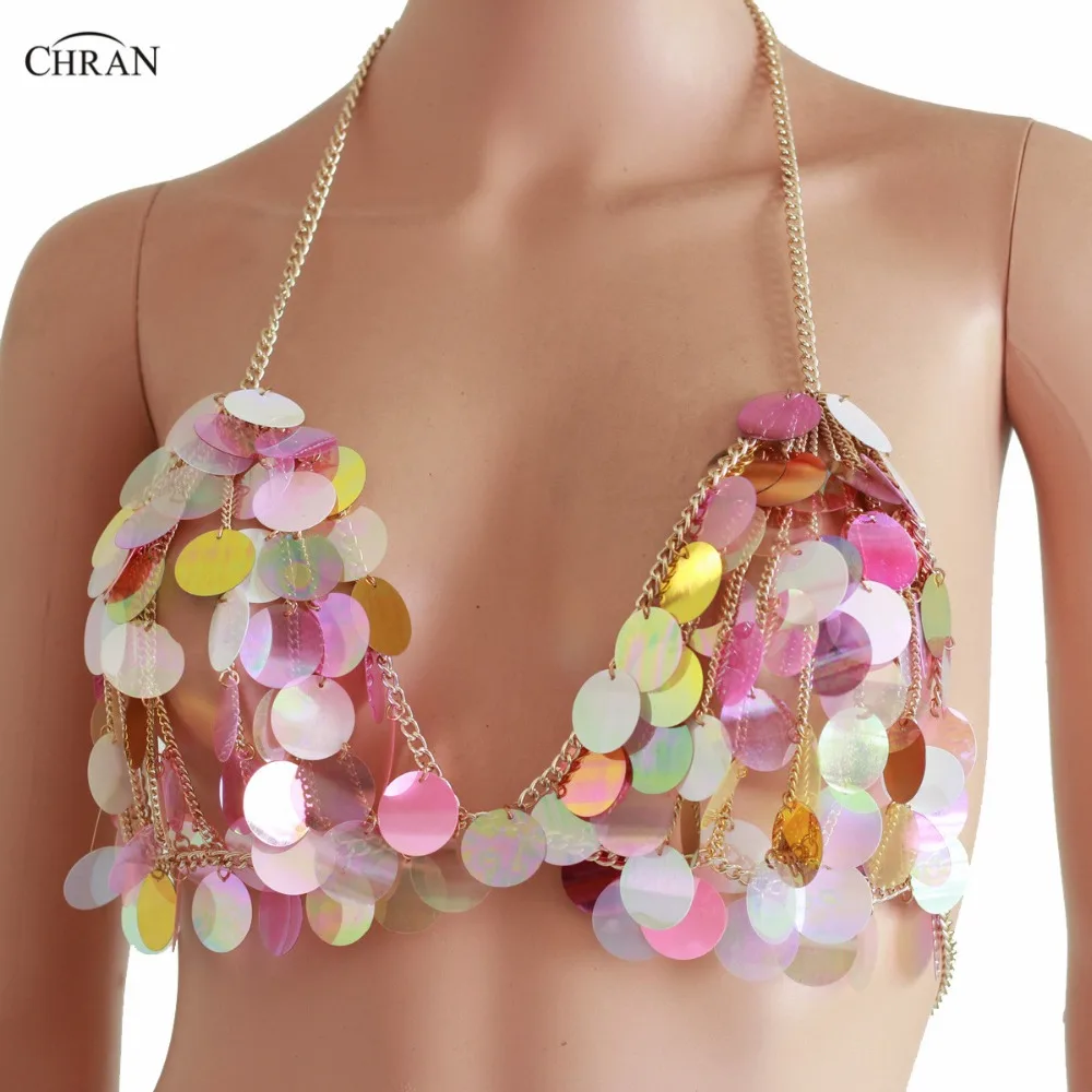 

Chran Multi Color Sequins Seascale Crop Top Disco Party Chain Necklace Rave Bra Bralete Festival Costume Wear Jewelry CRS211