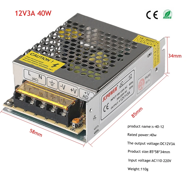 DC 12 V Драйвер светодиодной ленты Мощность адаптер 2A 3A 5A 10A 15A 20A переключатель Питание AC110V-220V 24В преобразователь Мощность 60 Вт 78 120 W