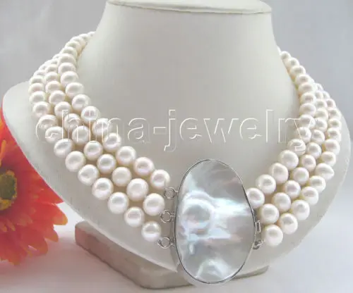 

FREE SHIPPING *******Beautiful 17-19" 3row 10mm white round FW pearl necklace - GP blister Mabe pearl