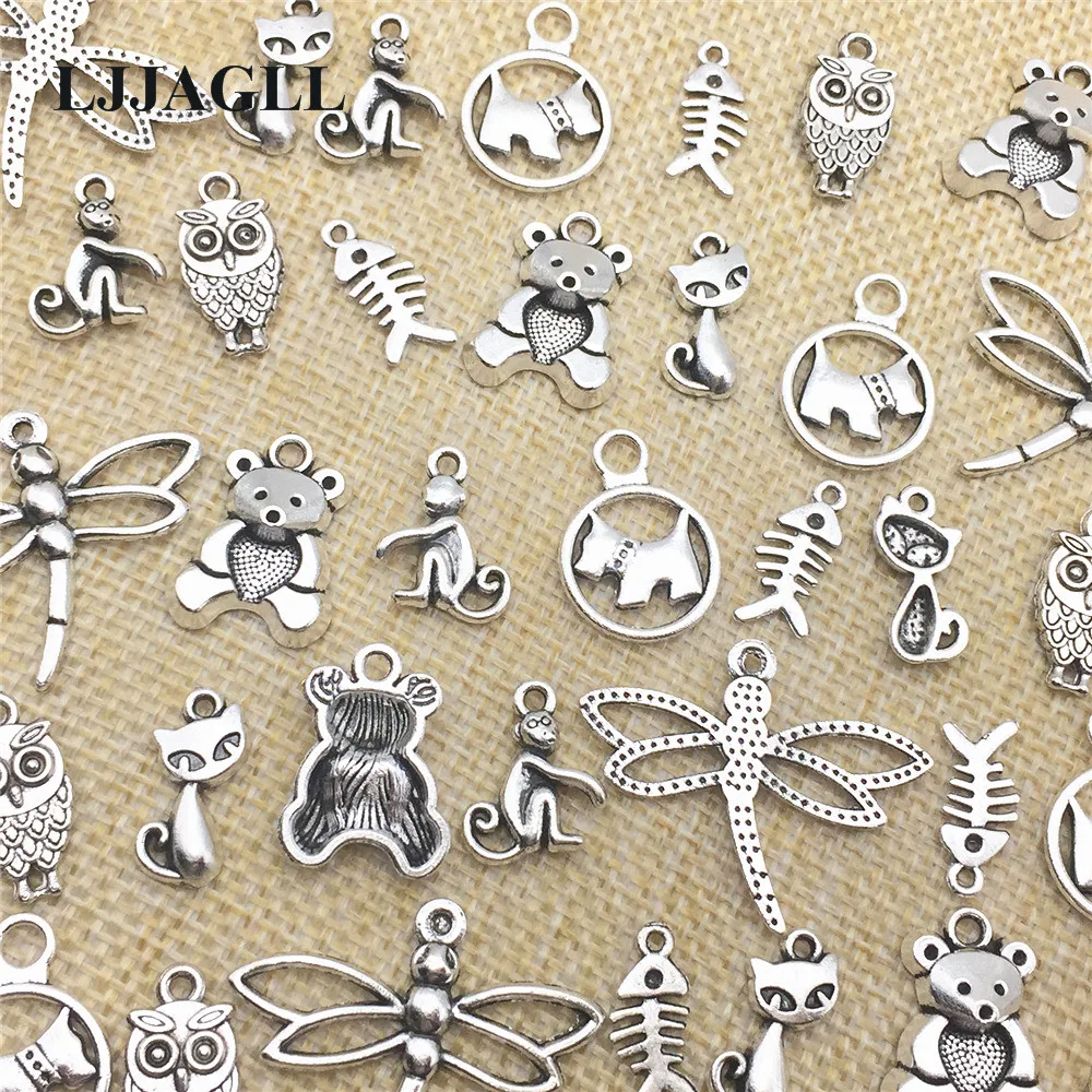 

7types Animal Charms 15Pcs/lot Tibetan Silver Plated Dog Cat Bear Monkey Owl Pendants Diy Jewelry Handmade Art Bracelet Craft