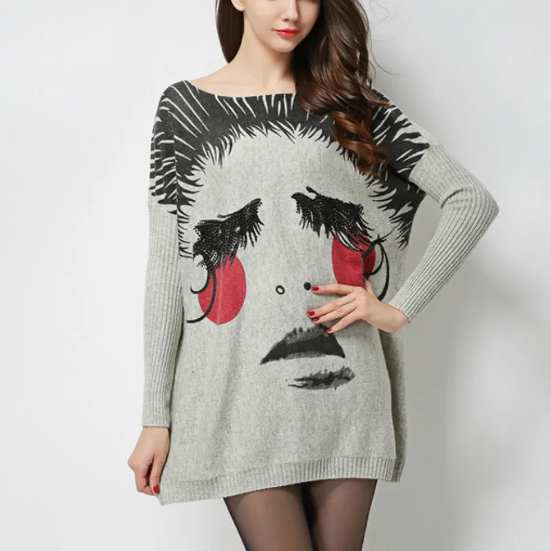 

2018 New Fashion Large Size Women's Winter Sweaters Casual Loose Printed Knitted Sweater Long Batwing Sleeve Pullovers 3 Colors