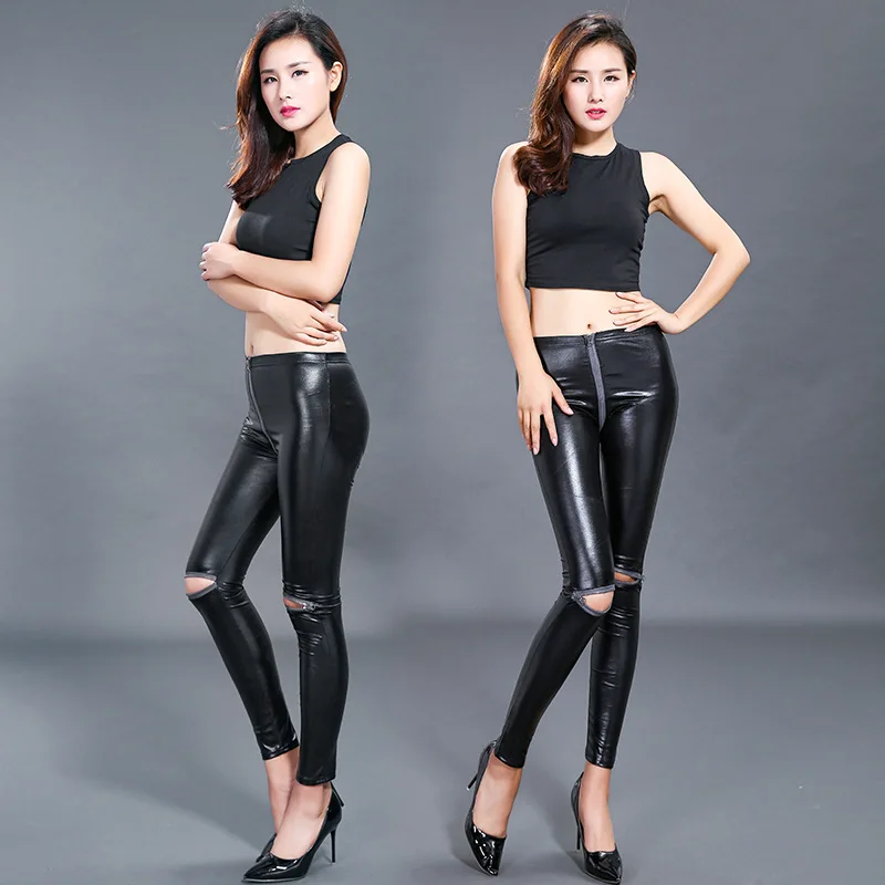 

MSAISS Spring women PU Leather Leggings Hole Black Legging Zipper Decoration Leather Pants Women