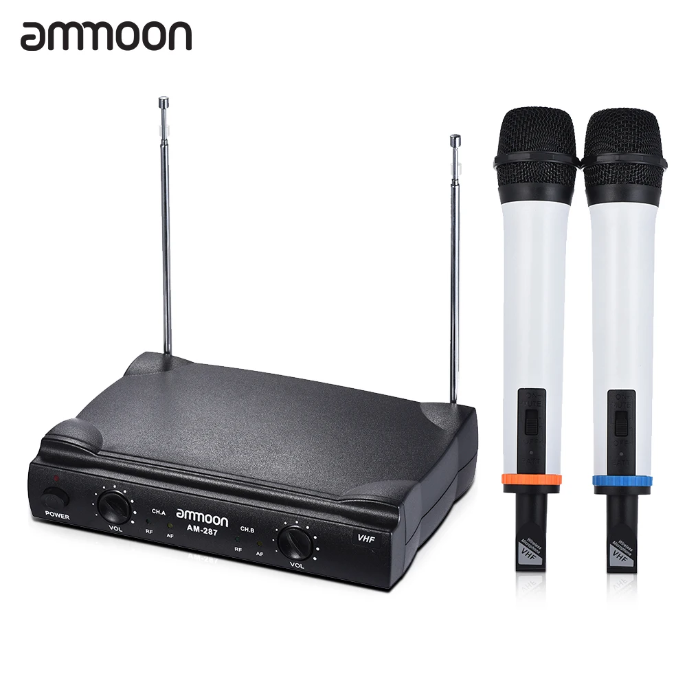 Ammoon двухканальной УКВ Беспроводной ручной микрофон Системы 2 mic 1 приемник 6.35 мм аудио кабель для караоке Семья партии
