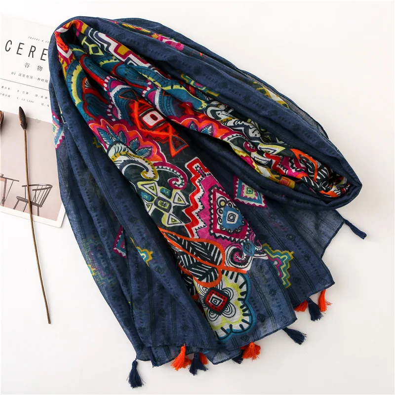 Women Scarf Autumn African Floral Tassel Viscose Scarf Luxury Brand Shawls and Wraps Soft Warm Cover-Up Muslim Hijab