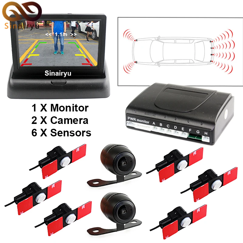 

13mm Flat Parking Sensors Reverse Backup Radar Sound With Front View Camera And Rear View Camera 4.3 Rearview Mirror Car Monitor