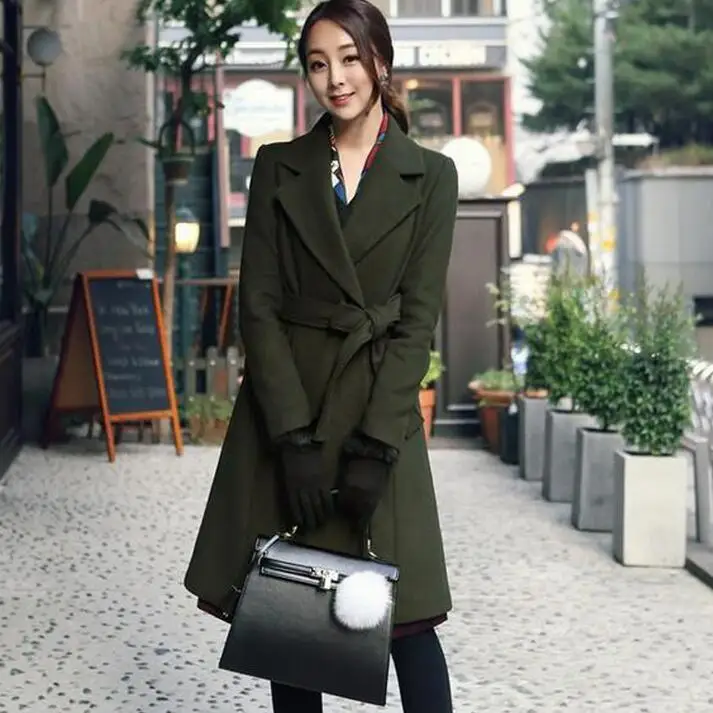 Женское длинное пальто Осеннее армейское зеленое с длинным рукавом|woolen coat women|long