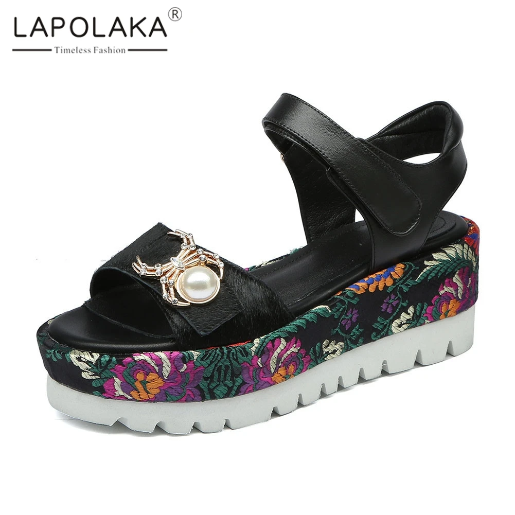

lapolaka New big size 33-43 horsehair genuine leather ladies wedges high heels platform print shoes woman casual summer sandals