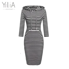 Casual Hoodies Dress Long Sweatshirt Plus Size Long Sleeve Fashion Striped with Pockets Autumn Winter Wear Bodycon Pencil Dress