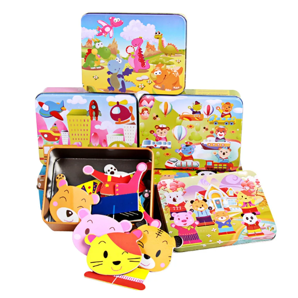 Baby Wooden Magnetic 3D Puzzle Cute Bear Dress Changing Jigsaw Puzzle Cartoon Animal Children Educatinal Toys with Iron Box