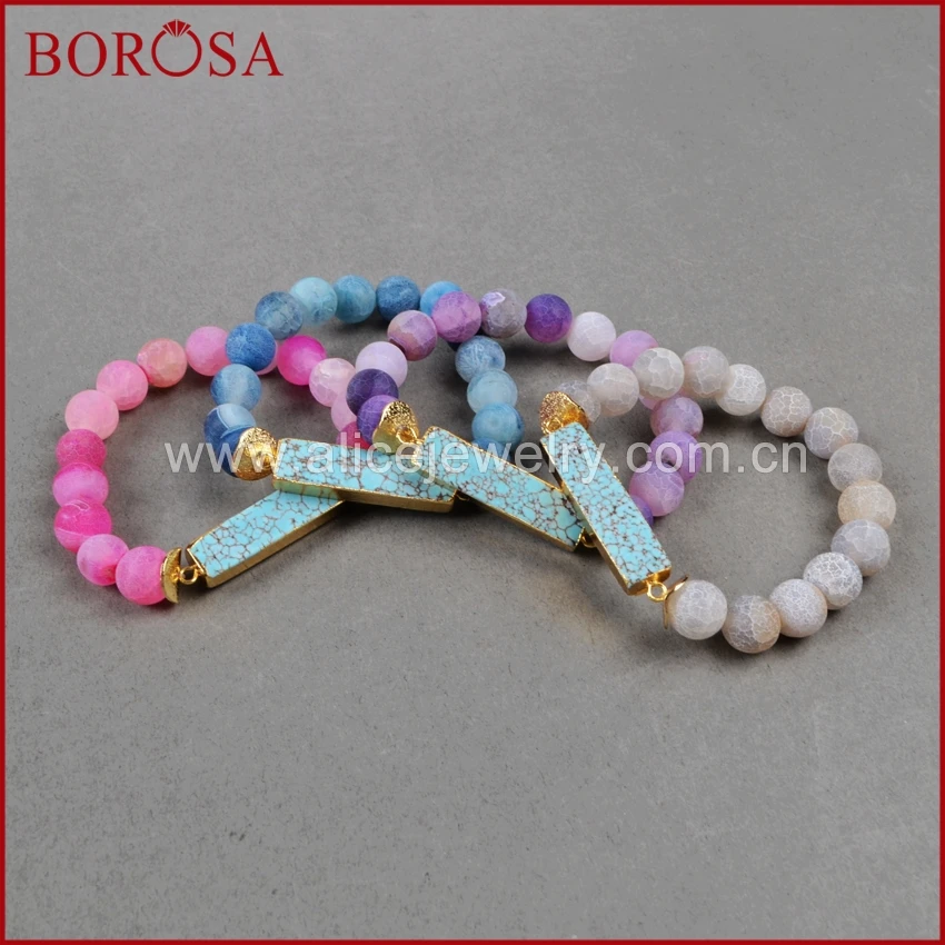 

BOROSA Gold Color Natural Rectangle Blue Howlite Bracelet With 10mm Fire Crystal Druzy Beads Fashion Jewelry G0790