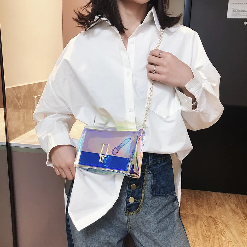 المرأة حقيبة بلاستيكية شفافة واضحة PVC هلام الليزر صغيرة حمل حقيبة ساع الليزر الثلاثية الأبعاد حقائب كتف الإناث سيدة كيس فام 2019