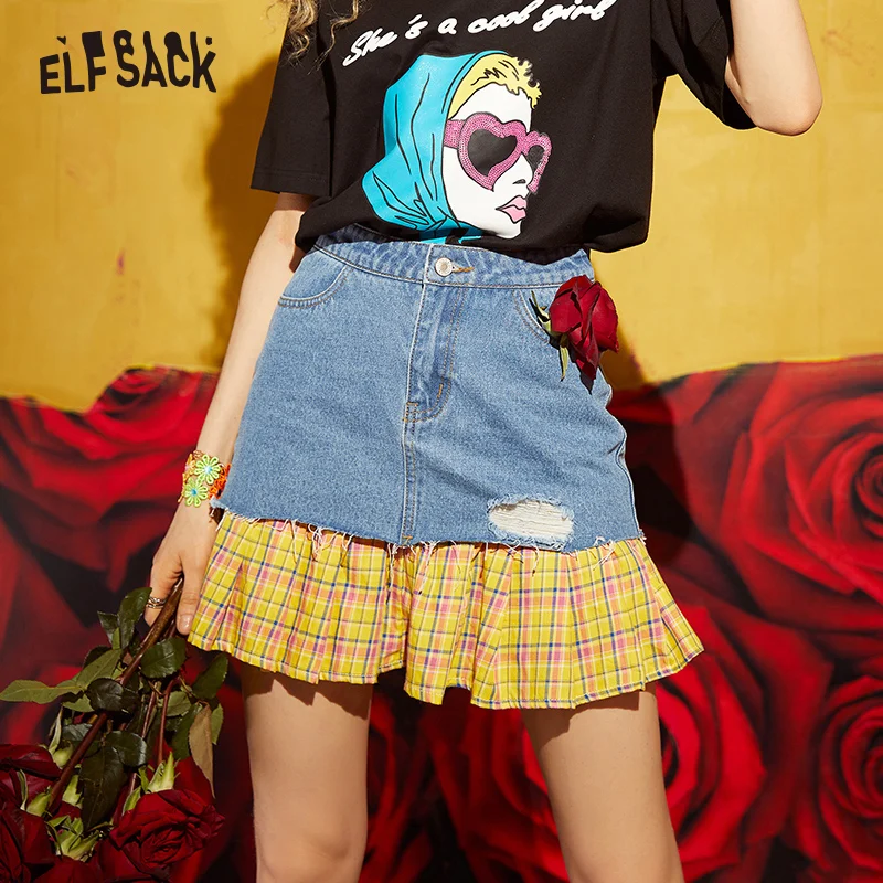 

ELF SACK Cotton Hole Plaid Patchwork Women Skirts Stylish Streetwear Denim A-Line Female Mini Skirt Summer New Woman Clothing
