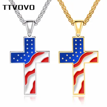 

TTVOVO American USA Flag Necklaces for Men Women Cross Charms Pendant Stainless Steel Enamel Jesus Christian Religious Jewelry