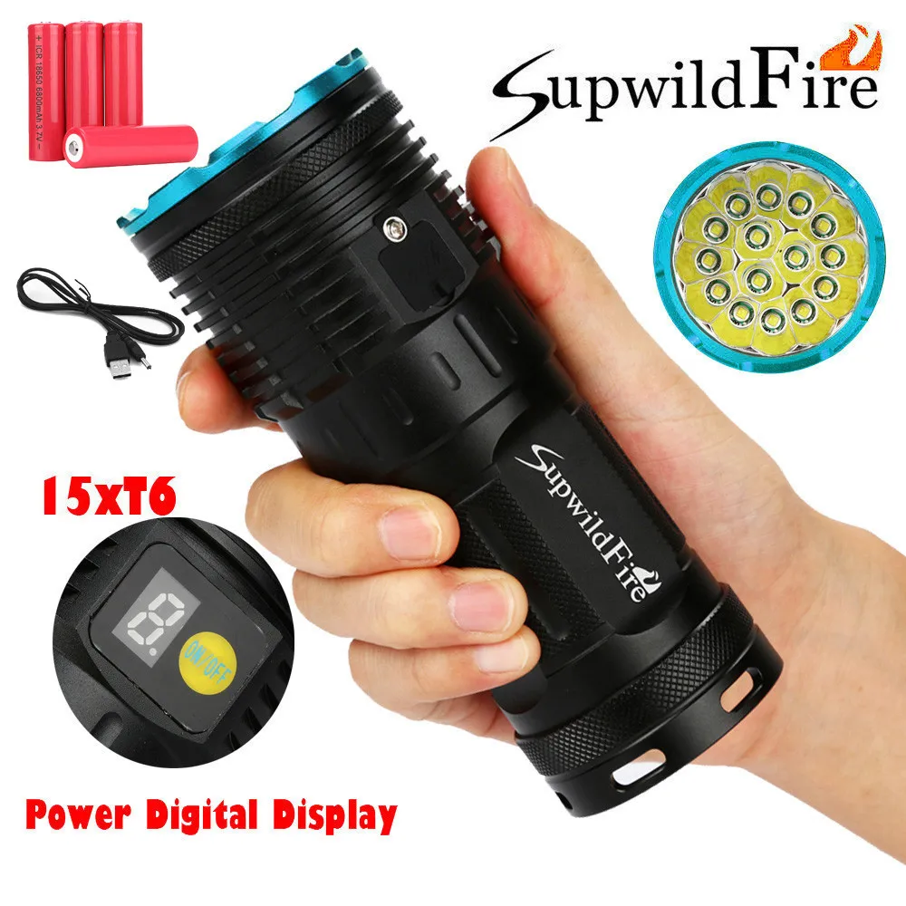 

New High Quality Supwildfire 50000LM 15 x XML T6 LED Power Digital Display Hunting Flashlight Drop Shipping