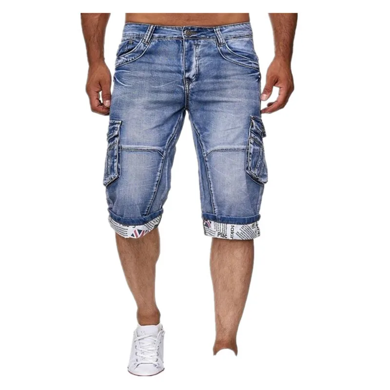 

KIMSERE Men Summer Cargo Denim Shorts With Multi Pockets Workwear Short Jeans For Male Roll Up Washed Blue Size S-XXXL