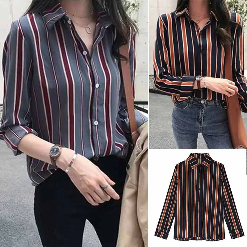 

Women Striped Print Loose Lapel Blouse Vintage Long Sleeve 2019 Spring Casual Tops Turn-down Collar Female Shirt Plus Size 4XL-M