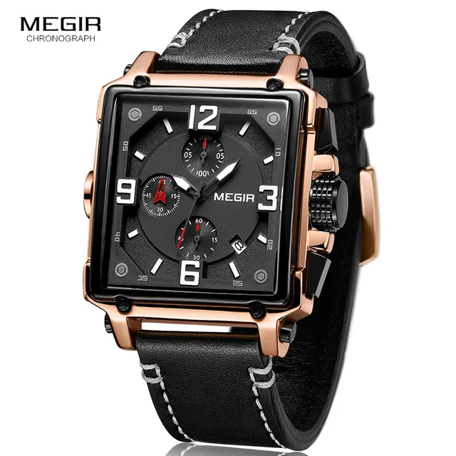 $US $19.66  MEGIR Creative Square Men Watch Top Brand Luxury Chronograph Quartz Watches Clock Men Leather Sport
