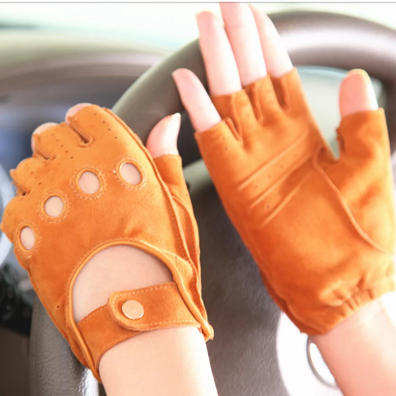 2019 New Summer Women's Genuine Leather Gloves Sheepskin Suede Semi-Finger Gloves Anti-Slip Breathable Driving EL099