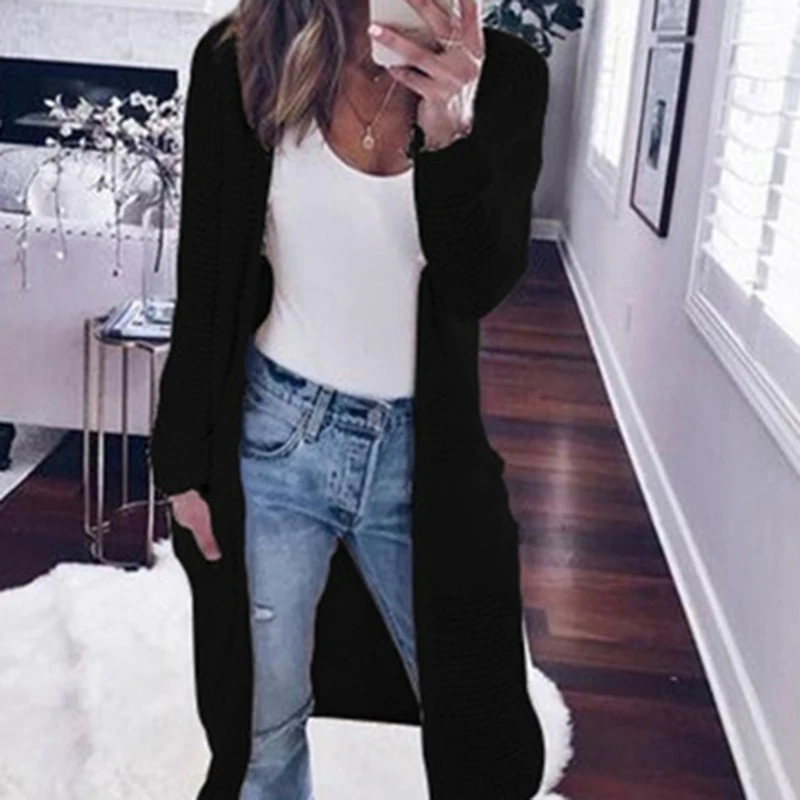 

Women Computer Knitted Sweater Autumn Casual Loose Long Sweater Open Pockets Cardigan Jumper Solid Color For Women
