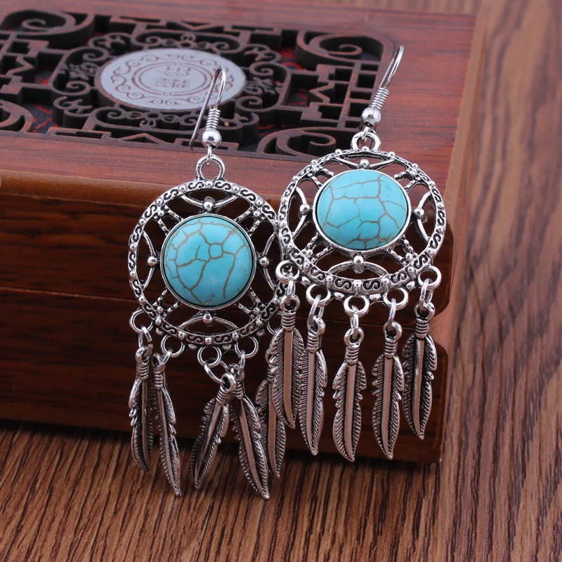 

Bohemian Ethnic Vintage Tibetan Silver Color Big Long Hollow Dream Catcher Ear Drop Stone Feathers Tassels Dangle Earrings Women