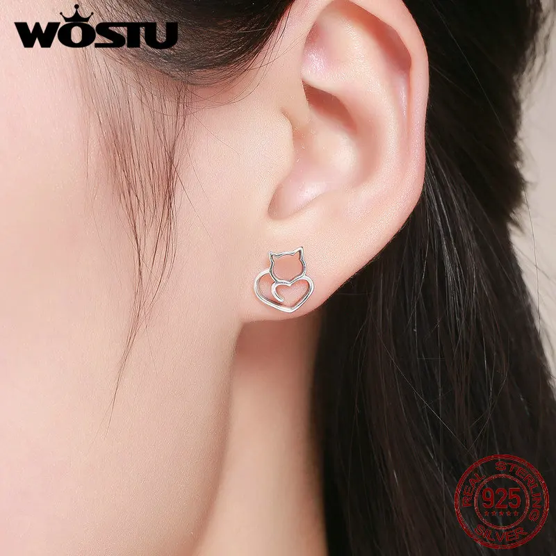 Женские серьги пусеты WOSTU из серебра 925 пробы с милым котом модные Оригинальные
