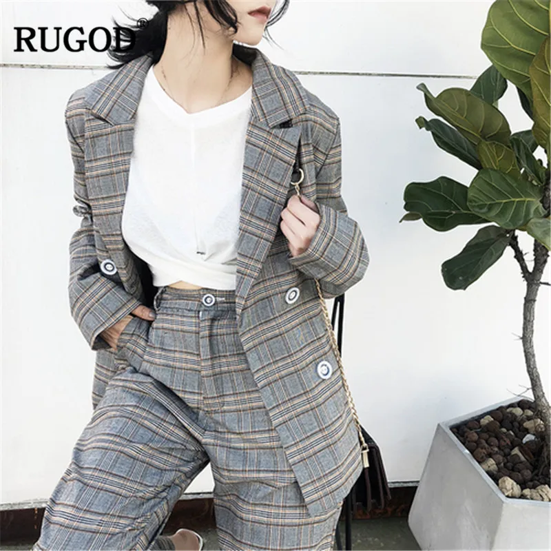 RUGOD Work Fashion Pant Suits new 2 piece set women spring double-breasted plaid Blazer Jacket& pants Office Lady Suits