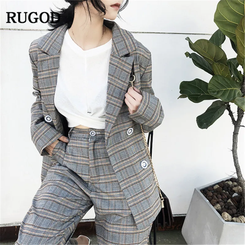 Женский двубортный костюм RUGOD офисный из 2 предметов пиджак и брюки в клетку весна